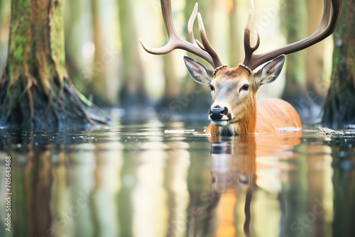reflection of elk in a calm forest pond