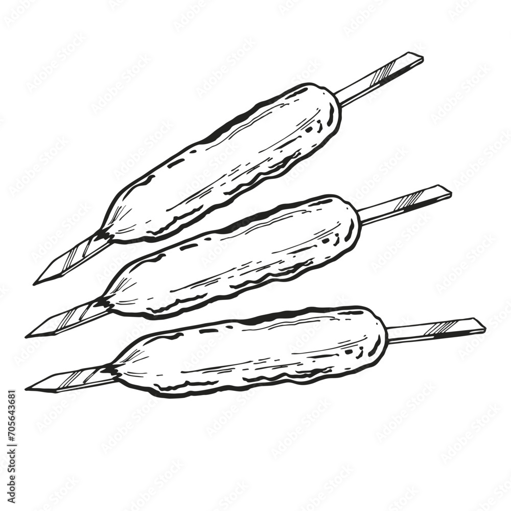 Obraz premium vector set of barbeque theme, line art of kebab, roasted grilled meat, inked sketch illustration of street food, traditional American picnic, monochrome illustration isolated on white background