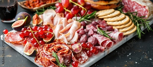 Italian charcuterie on marble platter with figs, red currants, and crackers.