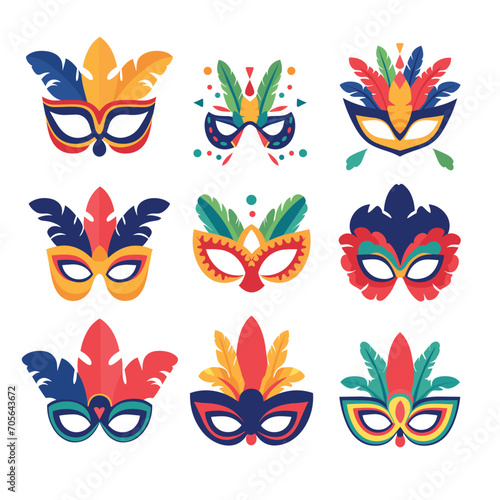 Set of colorful carnival masks with feathers and decoration. Collection of festive masquerade party accessories. Carnival celebrations and Mardi Gras vector illustration.