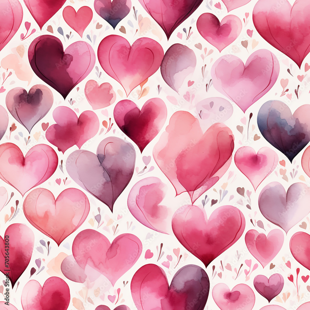 Watercolor hearts seamless pattern. Valentine's Day. For printing packaging, wallpaper, fabric, paper, invitations, and website design.