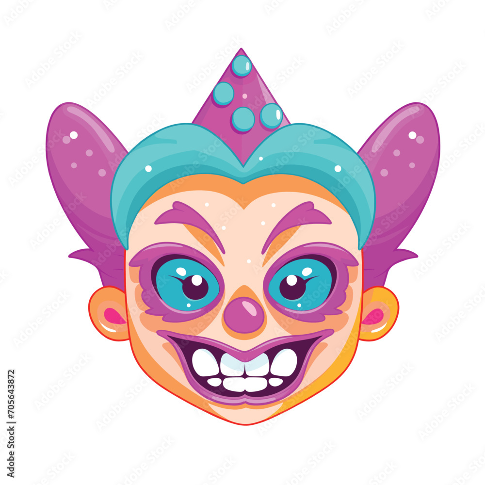 Colorful clown face vector illustration. Playful circus character with party hat and makeup. Cartoon fun and entertainment theme.