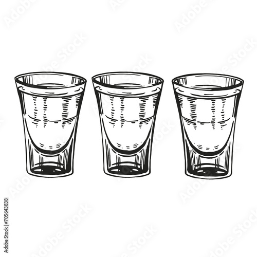 set of vector shot glasses for alcoholic drinks such as vodka and tequila, hand drawn sketch of shot glasses for strong alcohol, black and white inked illustration isolated on white background