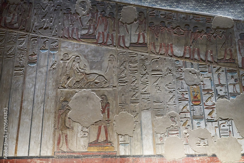 King Seti tomb at the Valley of Kings .Luxor . Egypt. Hieroglyphics in King Seti tomb.wall reliefs showing the Book of Gates in the Tomb of Seti I at Valley of Kings .Luxor . Egypt . photo