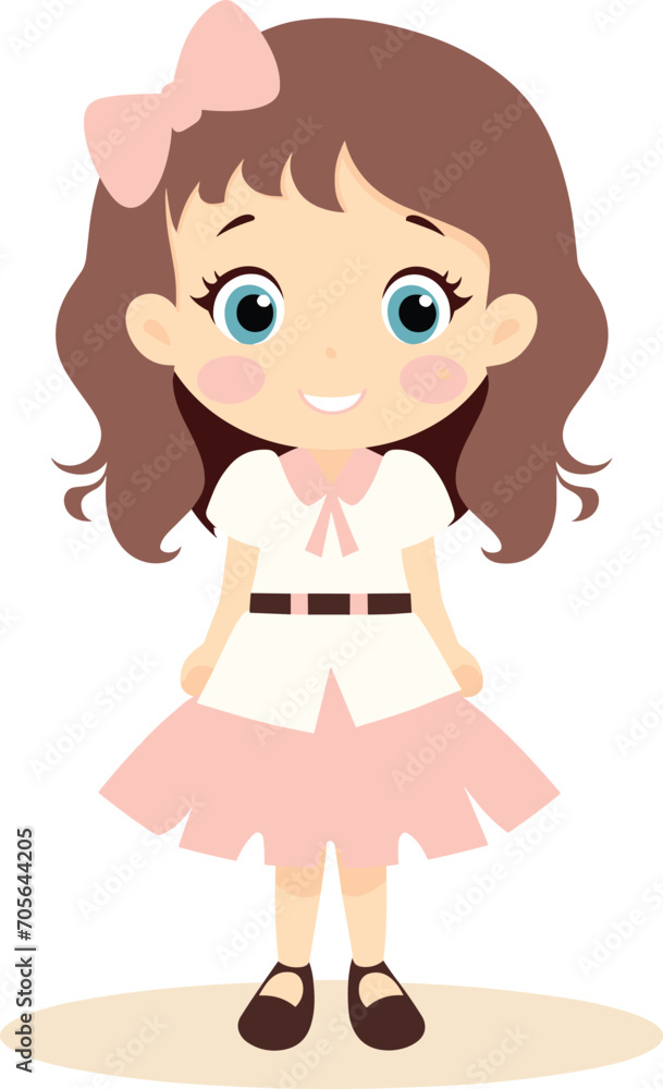 Cute cartoon little girl standing in pink skirt and bow. Cheerful young character with big eyes, kid's fashion and innocence vector illustration. Cute cartoon little girl standing in pink skirt and bow. Cheerful young character with big eyes, kid's fashion and innocence vector illustration.