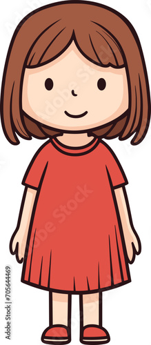 Young girl with brown hair wearing a red dress and shoes. Cute smiling child in cartoon style vector illustration.