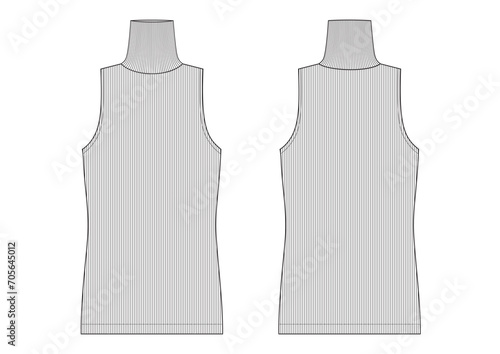 Vector fashion technical drawing of a sleeveless turtleneck top with front and back view. Rib knit fabric.