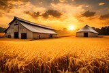  the storage and drying of various grains – wheat, corn, soy, sunflower – against a breathtaking golden sky backdrop, blending seamlessly with serene rice fields