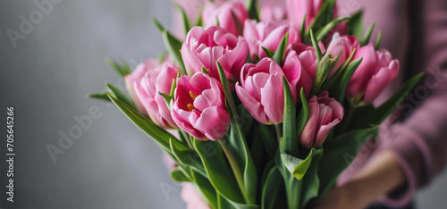 Bouquet of beautiful pink tulips in female hands on gray background, Spring card © Anzhela