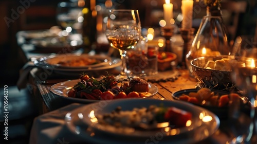 A table with plates of food and glasses of wine. Perfect for restaurant menus or food and wine-related designs photo