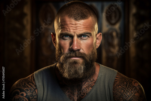 Photo of tattooed handsome man in creative design tattoo picture made with generative ai photo