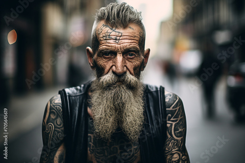 Picture of serious tattooed mature senior man on city streets created with generative ai © Tetiana