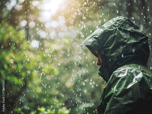 Person in green raincoat standing in the rain, surrounded by trees. photo