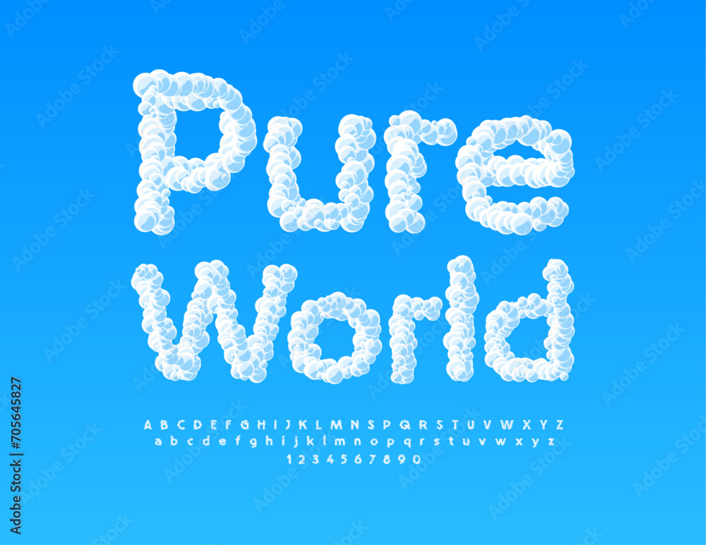 Vector modern concept Pure World. Sky texture Font. Cloud Alphabet Letters and Numbers. Vector modern concept Pure World. Sky texture Font. Cloud Alphabet Letters and Numbers.