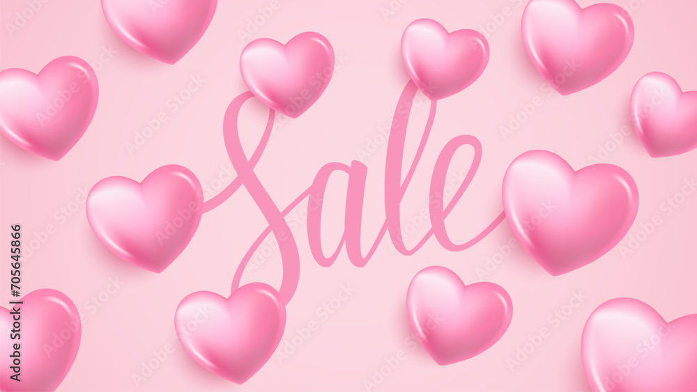 Sale. Сommercial background with 3d pink hearts and hand lettering for business, sales promotion and advertising. Vector illustration.