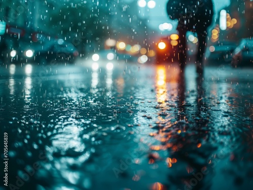 Detail of a wet street in a busy city during a massive rain.