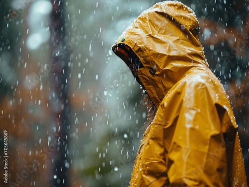 A person clad in a yellow raincoat, gazing into the distance as rain pours down. © Jan