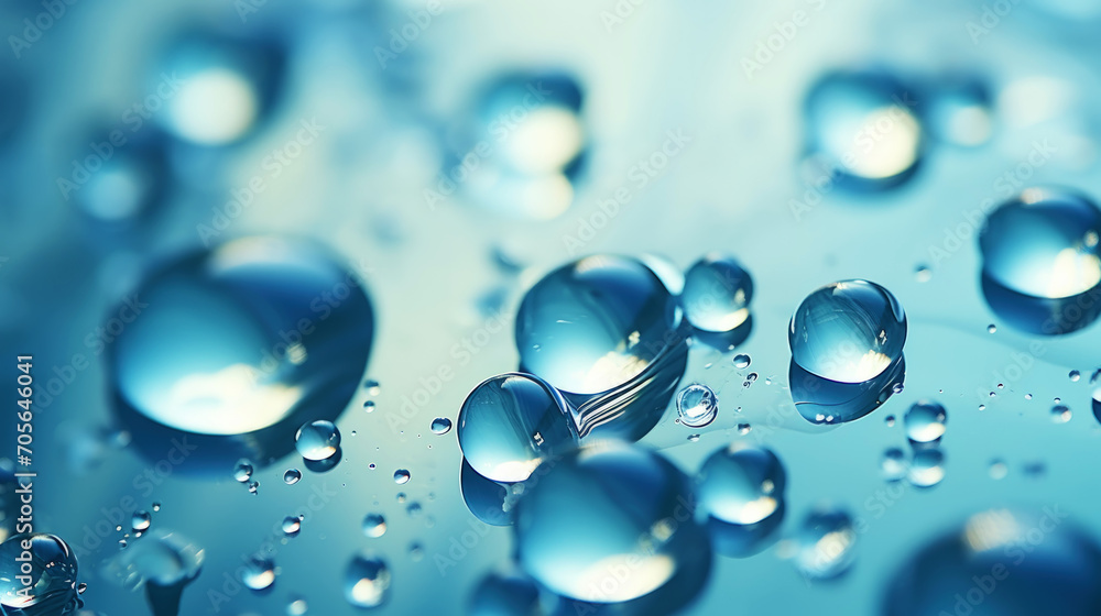 Closeup of water drops sliding on wet surface. Blue background. Generative AI - obrazy, fototapety, plakaty 
