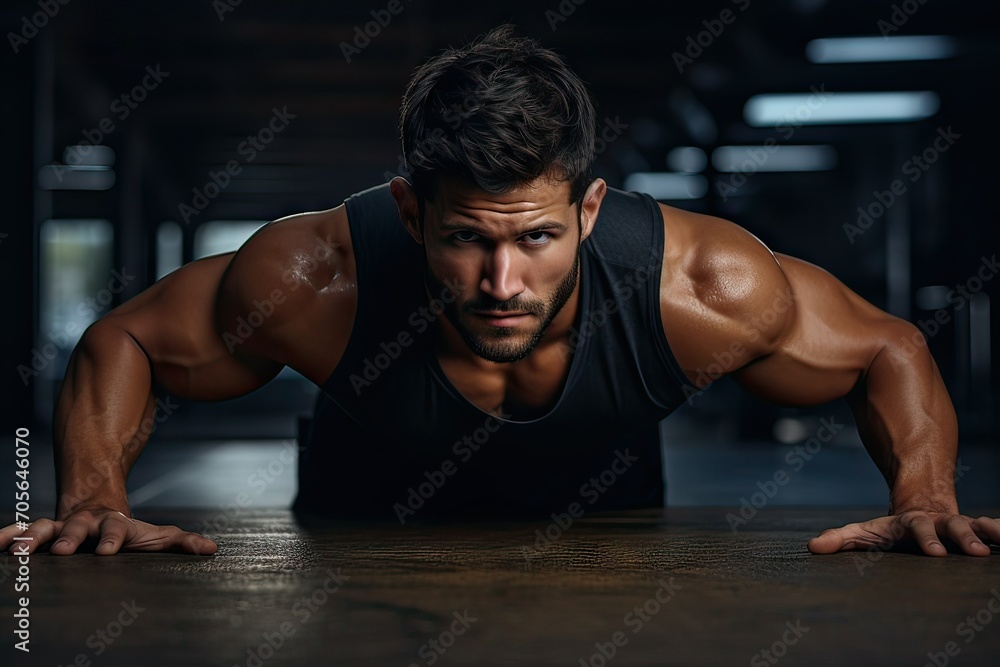Strong male athlete doing push-ups. Muscle strengthening. athletic body. Workout. Gym.