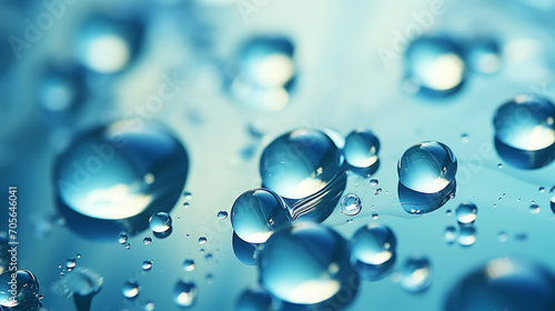 Closeup of water drops sliding on wet surface. Blue background. Generative AI photo