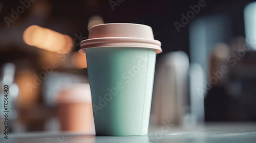 A cardboard disposable coffee cup in pastel colors. created with AI. photo