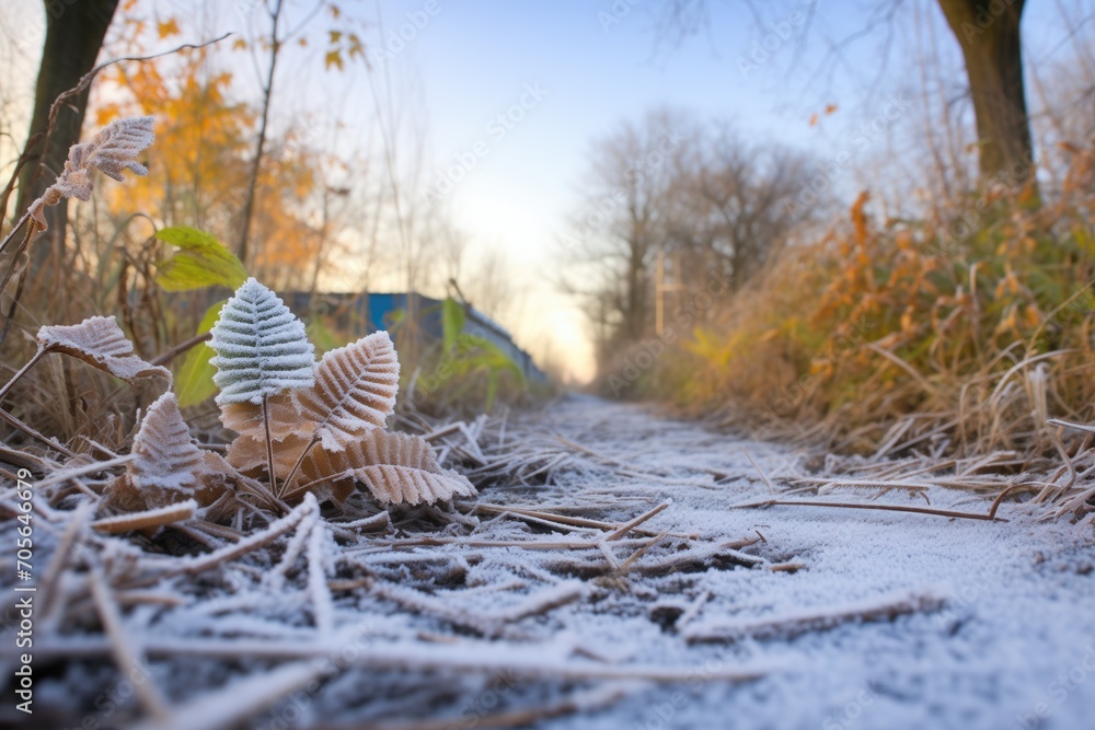 Obraz premium frost covered ferns edging the forest trail