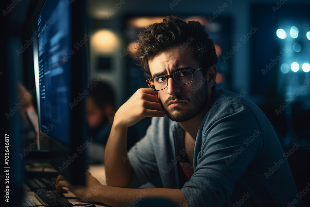 Secret hacker organization workplace data IT specialist near big screen with code Generative AI Secret hacker organization workplace data IT specialist near big screen with code Generative AI
