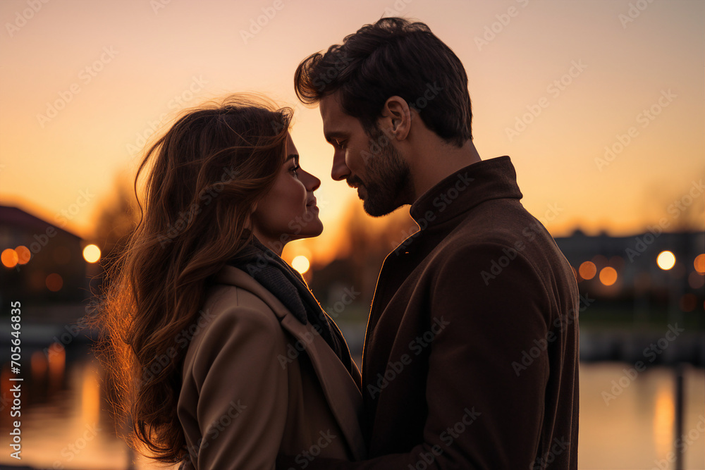 Generative AI portrait of romantic scene of young couple kissing against golden sunlight Generative AI portrait of romantic scene of young couple kissing against golden sunlight