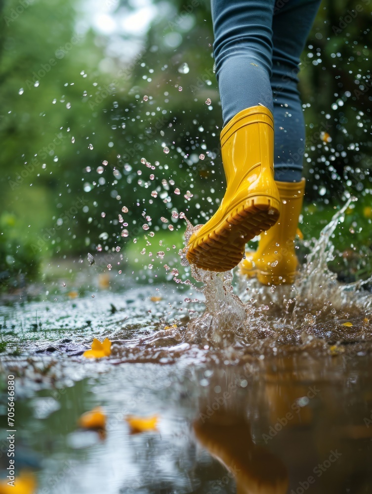 Bright yellow rain boots splashing into a large puddle on a rainy day ...