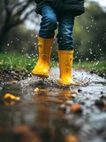 Bright yellow rain boots splashing into a large puddle on a rainy day, full of motion and energy.