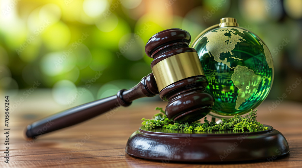 Gavel and green eco Earth globe, international law and green energy concept, sustainable environment future global values - obrazy, fototapety, plakaty 