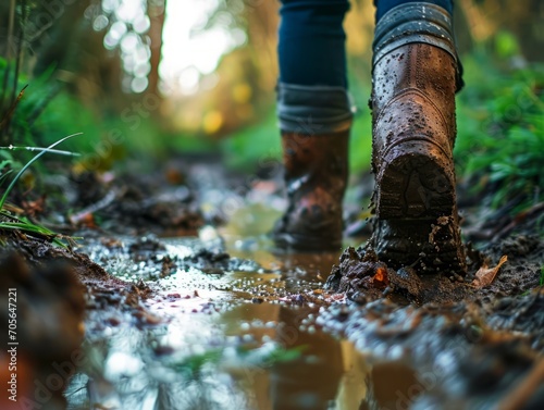 Detail of rain boots walking through muddy forest. 