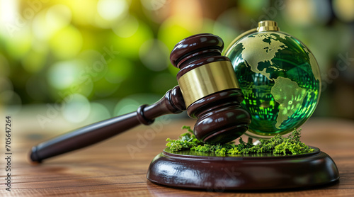 Gavel and green eco Earth globe, international law and green energy concept, sustainable environment future global values photo