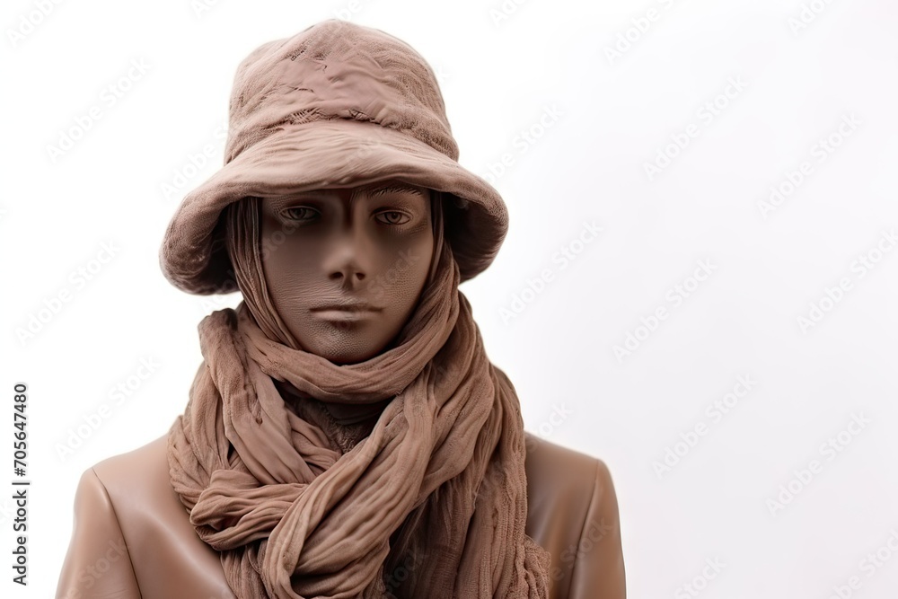 person in a hat and scarf molded from plasticine on a white background. sculpture of a man. Art. Art therapy. Impersonality. person in a hat and scarf molded from plasticine on a white background. sculpture of a man. Art. Art therapy. Impersonality.