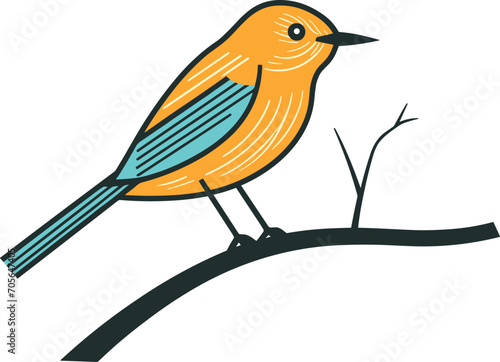 Hand-drawn colorful bird on a branch. Cartoon style yellow and blue bird perched calmly. Simple nature scene vector illustration.