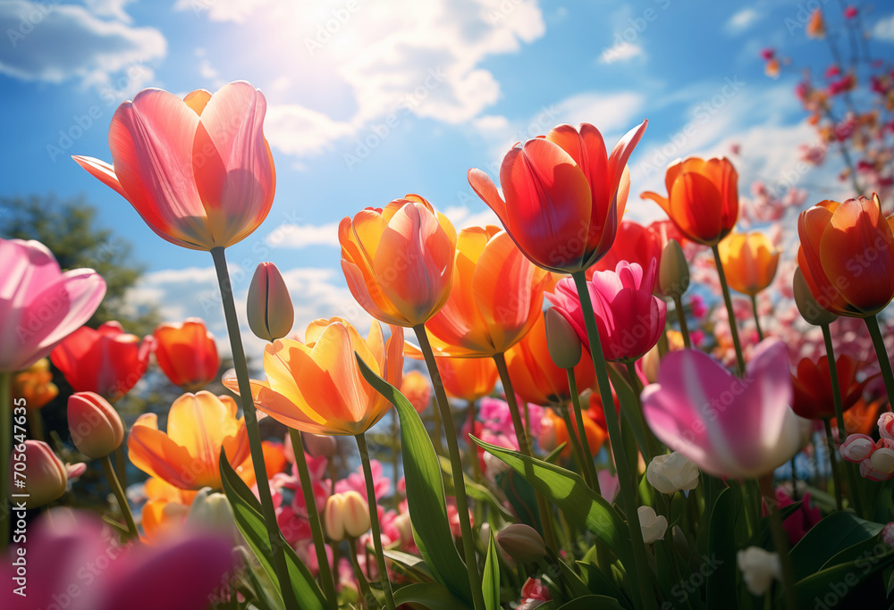tulips with blue sky with clouds