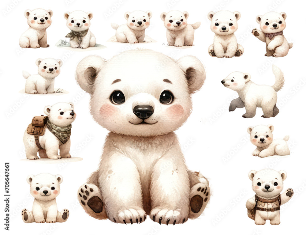 set of watercolor cute polar bear isolated on transparent background set of watercolor cute polar bear isolated on transparent background