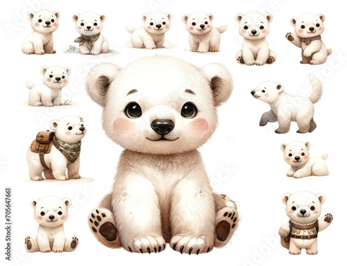 set of watercolor cute  polar bear isolated on transparent background © Nisit