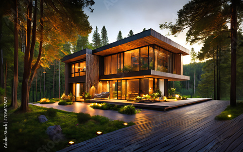 A modern house in the woods at sunset