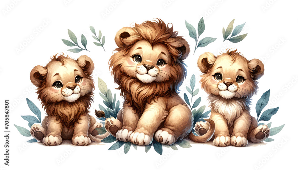 set of watercolor cute safari lion isolated on transparent background set of watercolor cute safari lion isolated on transparent background