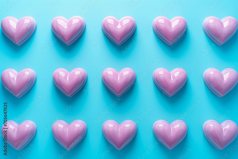 Glossy pink heart sculptures on a baby blue background.