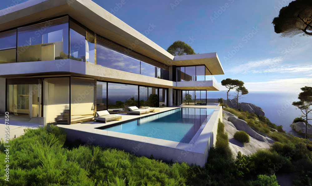 Obraz premium Beautiful and modern mansion with pool overlooking the sea