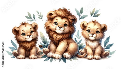 set of watercolor cute safari lion isolated on transparent background