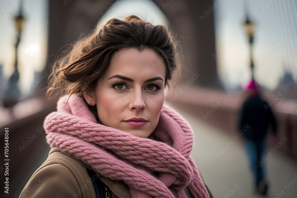 woman wearing a pink scarf, stands on a bridge with others walking in the background, ai generative woman wearing a pink scarf, stands on a bridge with others walking in the background, ai generative