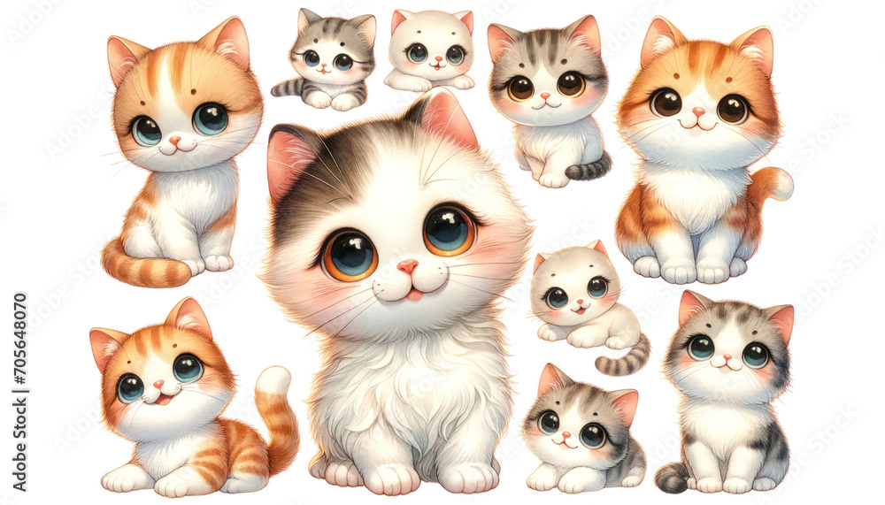 set of watercolor cute cat isolated on transparent background