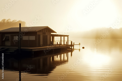 A serene houseboat docked on a calm lake, bathed in golden light, with a misty backdrop and reflective waters, ai generative
