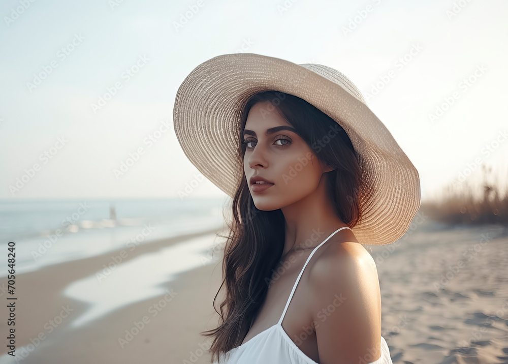 A pretty young woman in a white dress and straw hat stands on a serene beach, gazing at the calm sea during sunset, ai generative