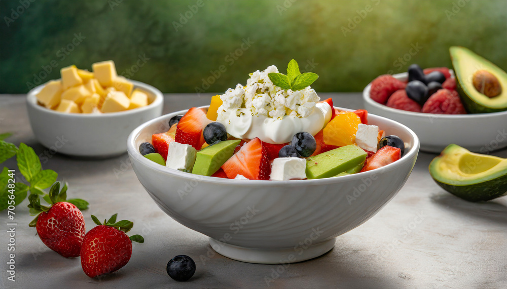Delicious looking bowl of mixed fruit salad with whipped cream Delicious looking bowl of mixed fruit salad with whipped cream
