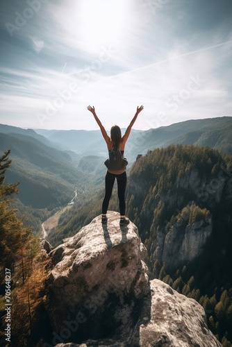 A triumphant woman atop a peak, arms raised, overlooking forested mountains and valleys under a clear sky. Freedom personified, ai generative © larrui