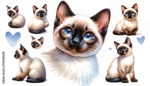 Obraz na plátně set of watercolor cute Siamese cat isolated on transparent background